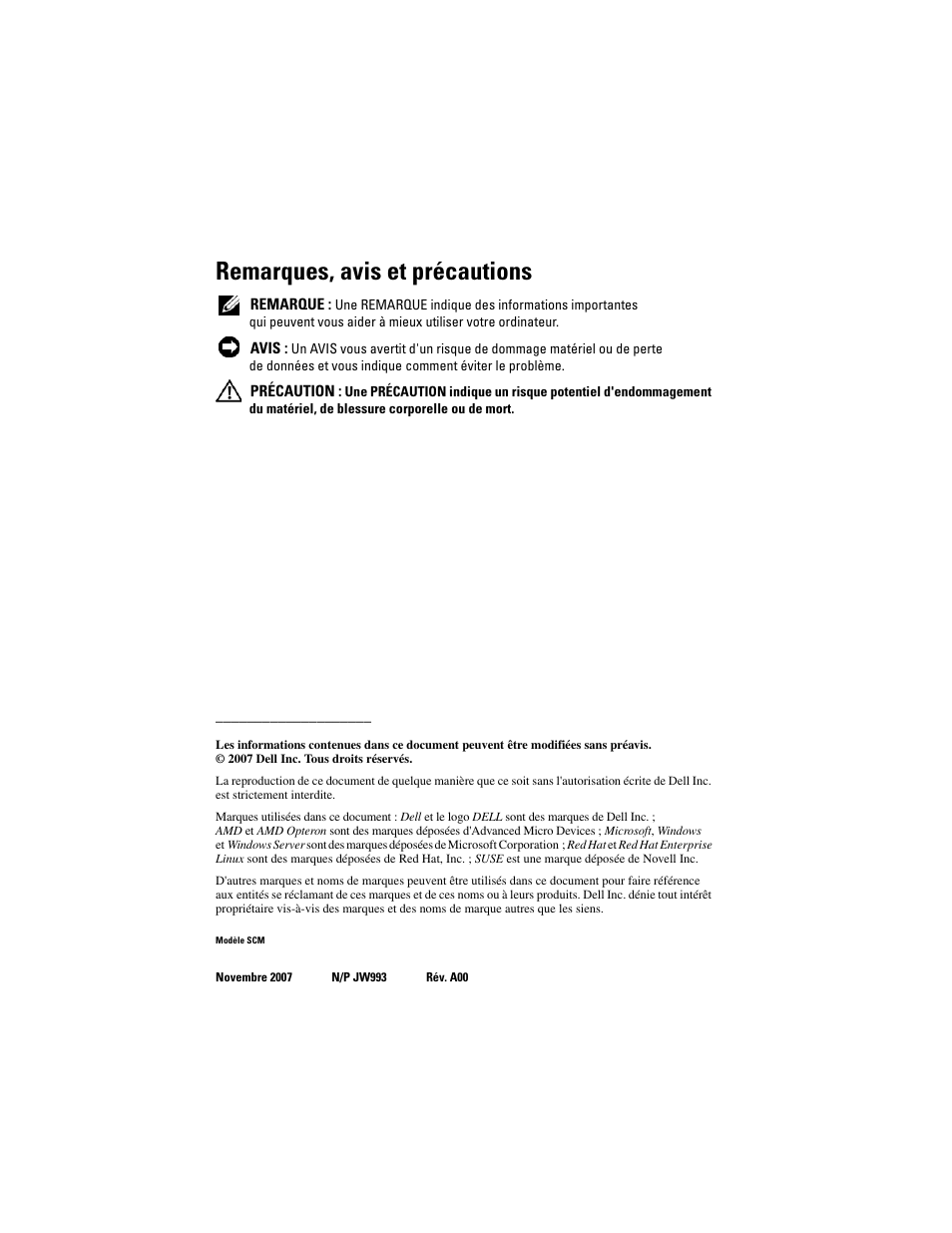 Remarques, avis et précautions | Dell PowerEdge T605 User Manual | Page 32 / 128
