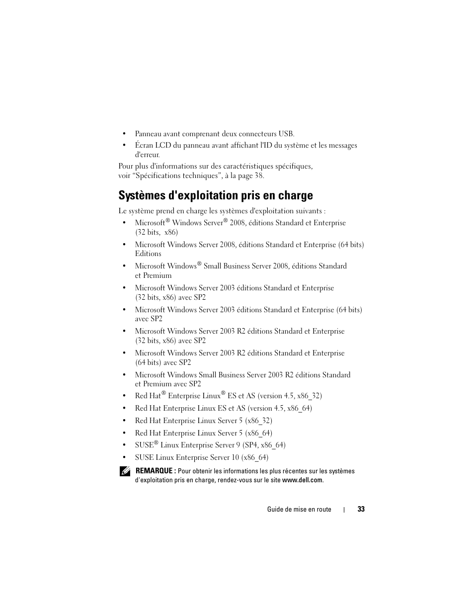 Systèmes d'exploitation pris en charge | Dell PowerEdge T605 User Manual | Page 35 / 128