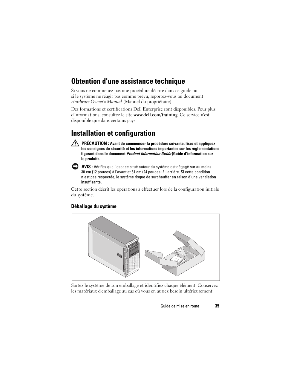 Obtention d'une assistance technique, Installation et configuration, Déballage du système | Dell PowerEdge T605 User Manual | Page 37 / 128