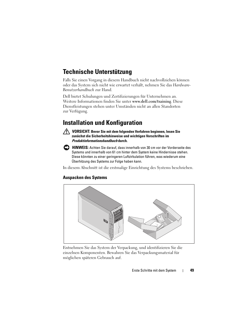 Technische unterstützung, Installation und konfiguration, Auspacken des systems | Dell PowerEdge T605 User Manual | Page 51 / 128