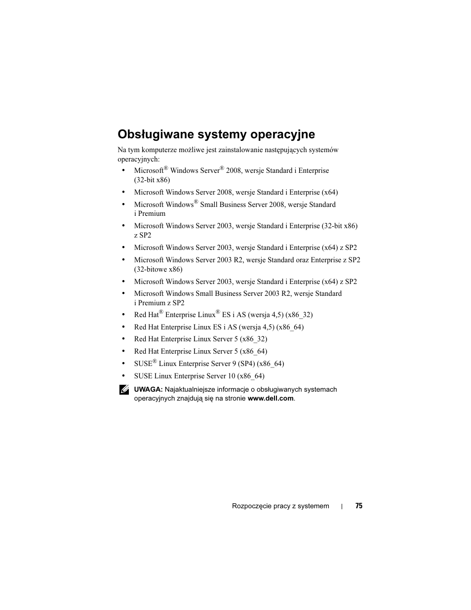 Obsługiwane systemy operacyjne | Dell PowerEdge T605 User Manual | Page 77 / 128