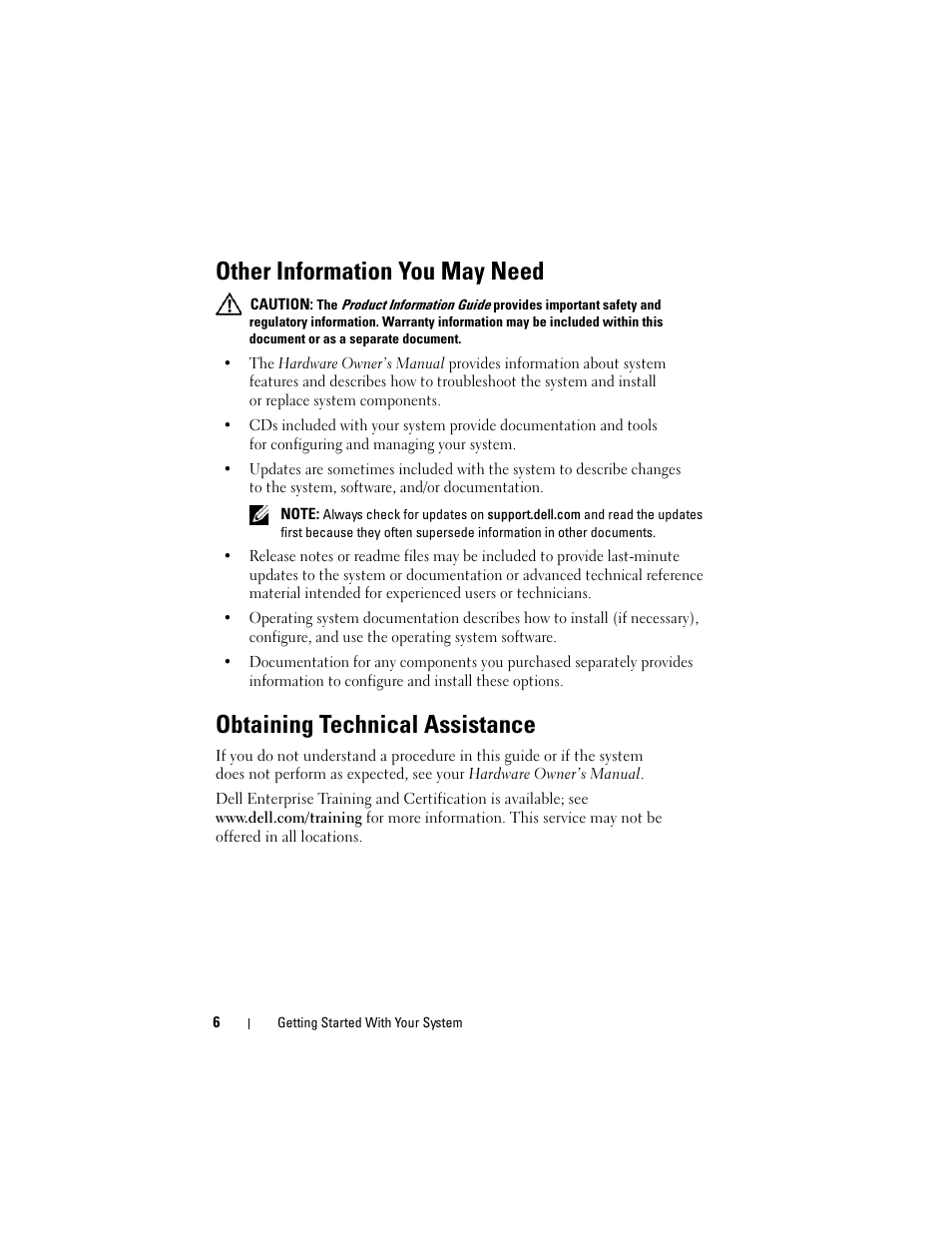 Other information you may need, Obtaining technical assistance | Dell PowerEdge T605 User Manual | Page 8 / 128