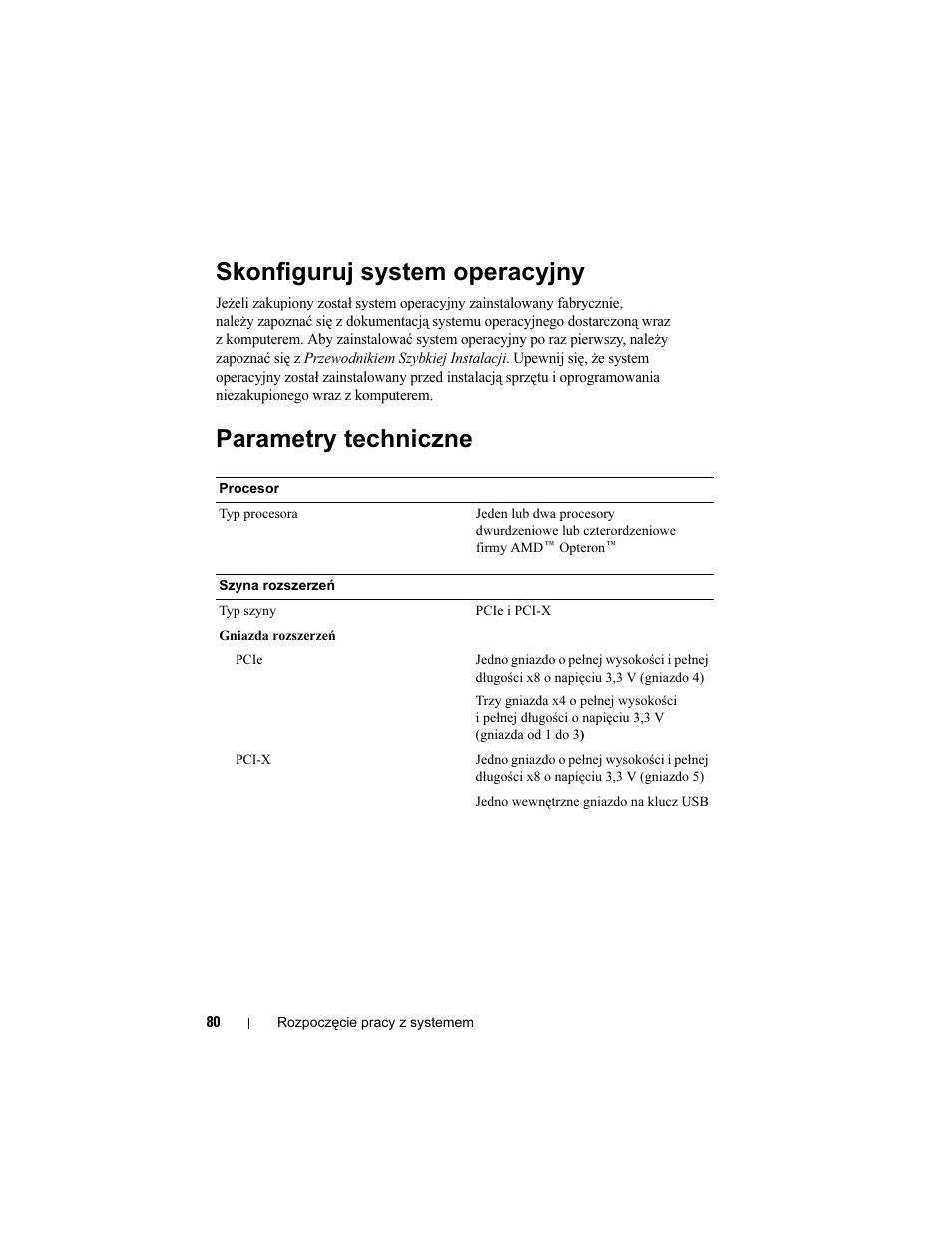 Skonfiguruj system operacyjny, Parametry techniczne | Dell PowerEdge T605 User Manual | Page 82 / 128