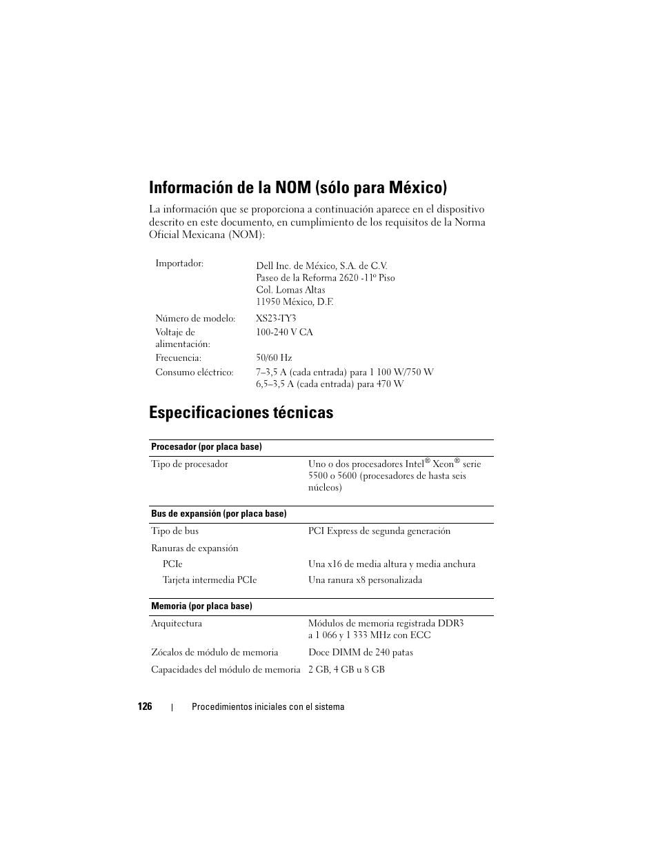 Información de la nom (sólo para méxico), Especificaciones técnicas | Dell PowerEdge C6100 User Manual | Page 128 / 148