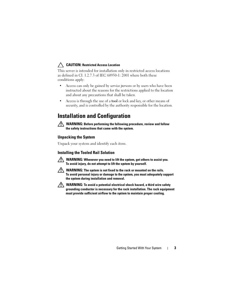 Installation and configuration, Unpacking the system, Installing the tooled rail solution | Dell PowerEdge C6100 User Manual | Page 5 / 148