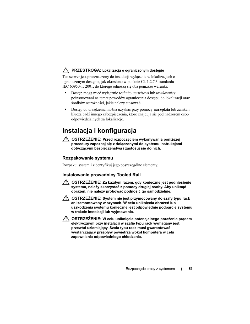 Instalacja i konfiguracja, Rozpakowanie systemu, Instalowanie prowadnicy tooled rail | Dell PowerEdge C6100 User Manual | Page 87 / 148