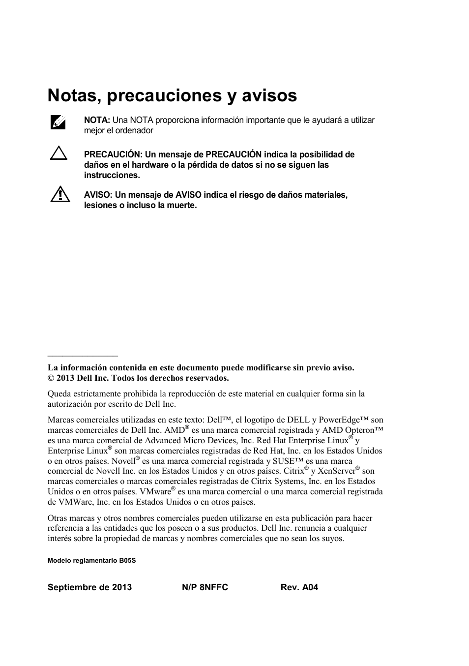 Notas, precauciones y avisos | Dell PowerEdge C6145 User Manual | Page 106 / 148