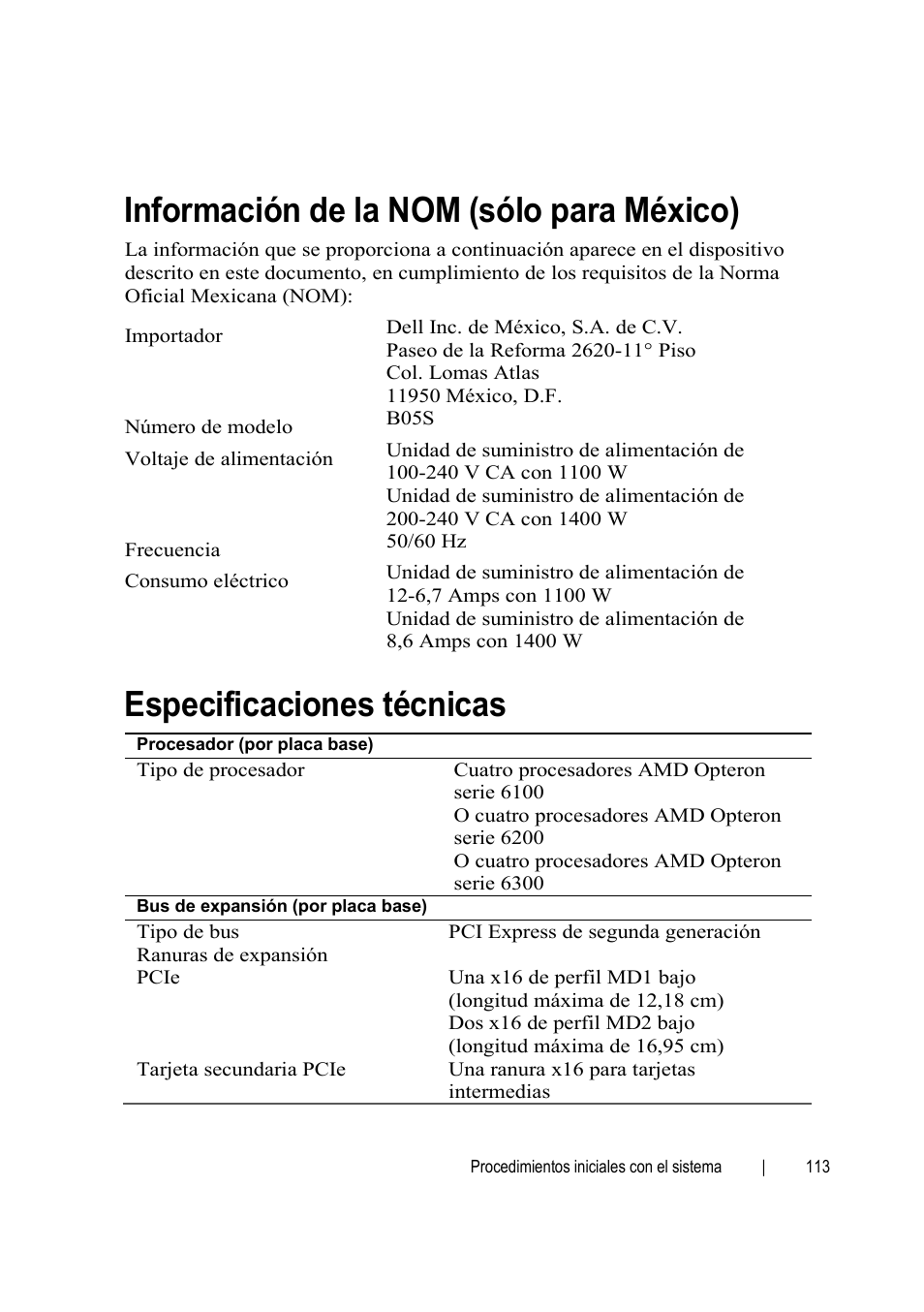 Información de la nom (sólo para méxico), Especificaciones técnicas | Dell PowerEdge C6145 User Manual | Page 115 / 148