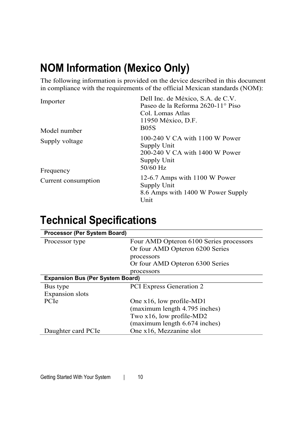 Technical specifications, Nom information (mexico only) | Dell PowerEdge C6145 User Manual | Page 12 / 148