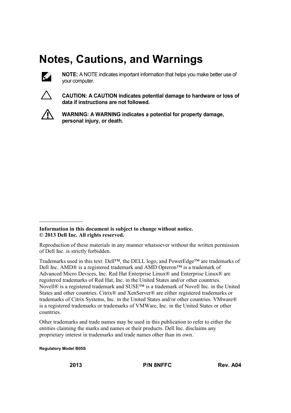 Notes, cautions, and warnings | Dell PowerEdge C6145 User Manual | Page 4 / 148