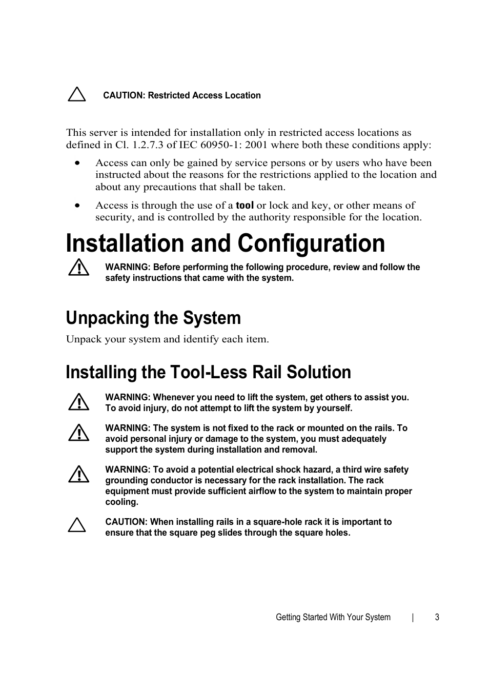 Installation and configuration, Installing the tool-less rail solution, Unpacking the system | Dell PowerEdge C6145 User Manual | Page 5 / 148