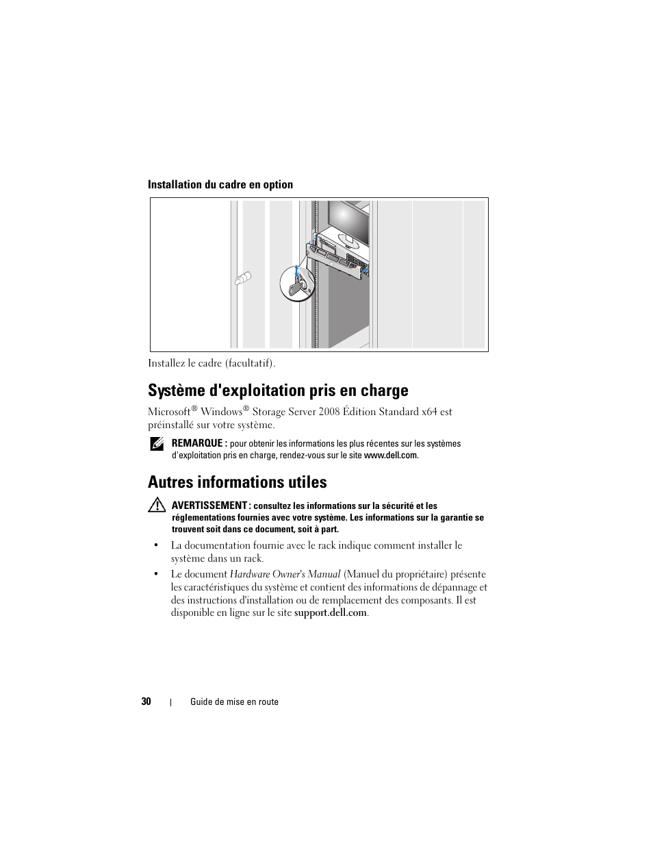 Installation du cadre en option, Système d'exploitation pris en charge, Autres informations utiles | Dell PowerVault NX3000 User Manual | Page 32 / 124