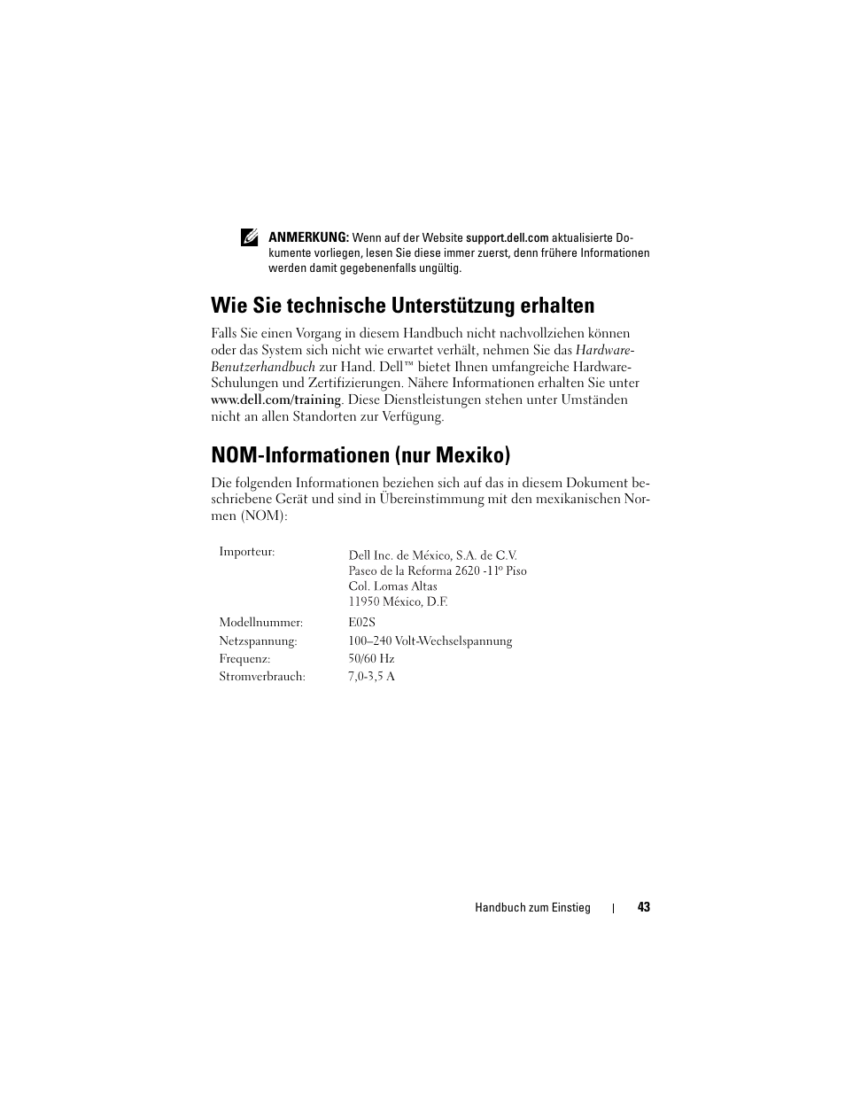 Wie sie technische unterstützung erhalten, Nom-informationen (nur mexiko) | Dell PowerVault NX3000 User Manual | Page 45 / 124