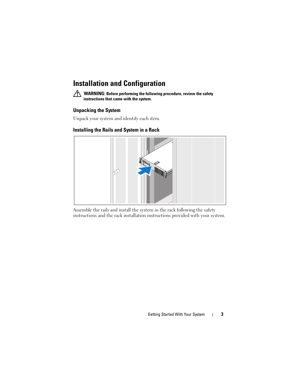 Installation and configuration, Unpacking the system, Installing the rails and system in a rack | Dell PowerVault NX3000 User Manual | Page 5 / 124