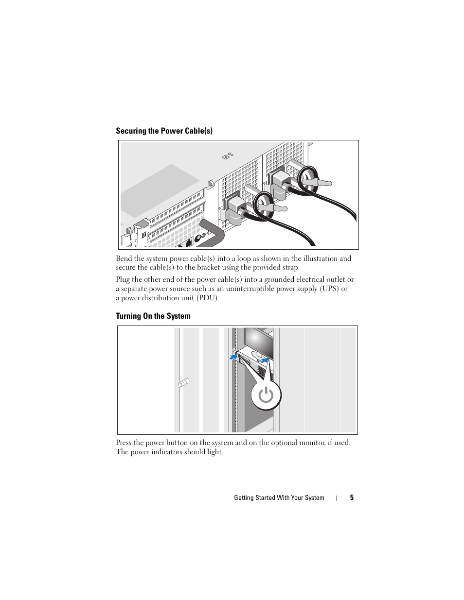 Securing the power cable(s), Turning on the system | Dell PowerVault NX3000 User Manual | Page 7 / 124