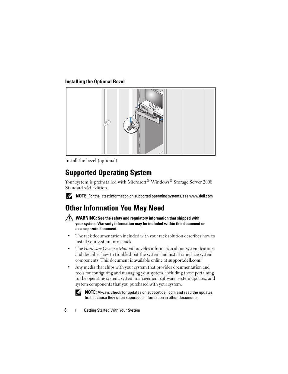 Installing the optional bezel, Supported operating system, Other information you may need | Dell PowerVault NX3000 User Manual | Page 8 / 124