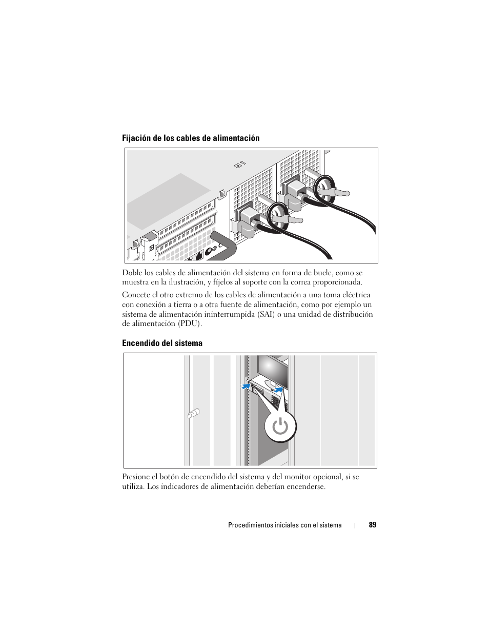 Fijación de los cables de alimentación, Encendido del sistema | Dell PowerVault NX3000 User Manual | Page 91 / 124