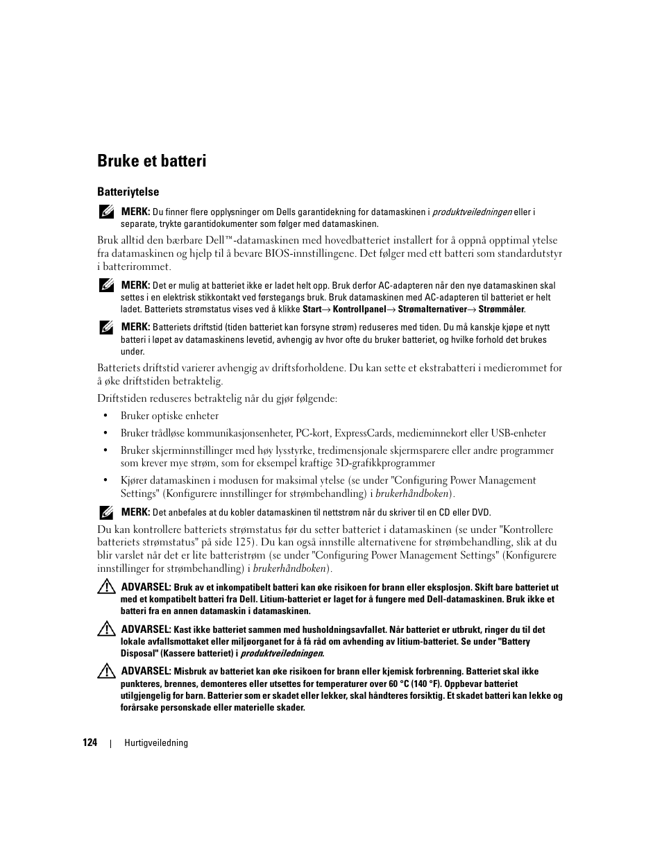 Bruke et batteri, Batteriytelse | Dell Latitude D531 User Manual | Page 124 / 224