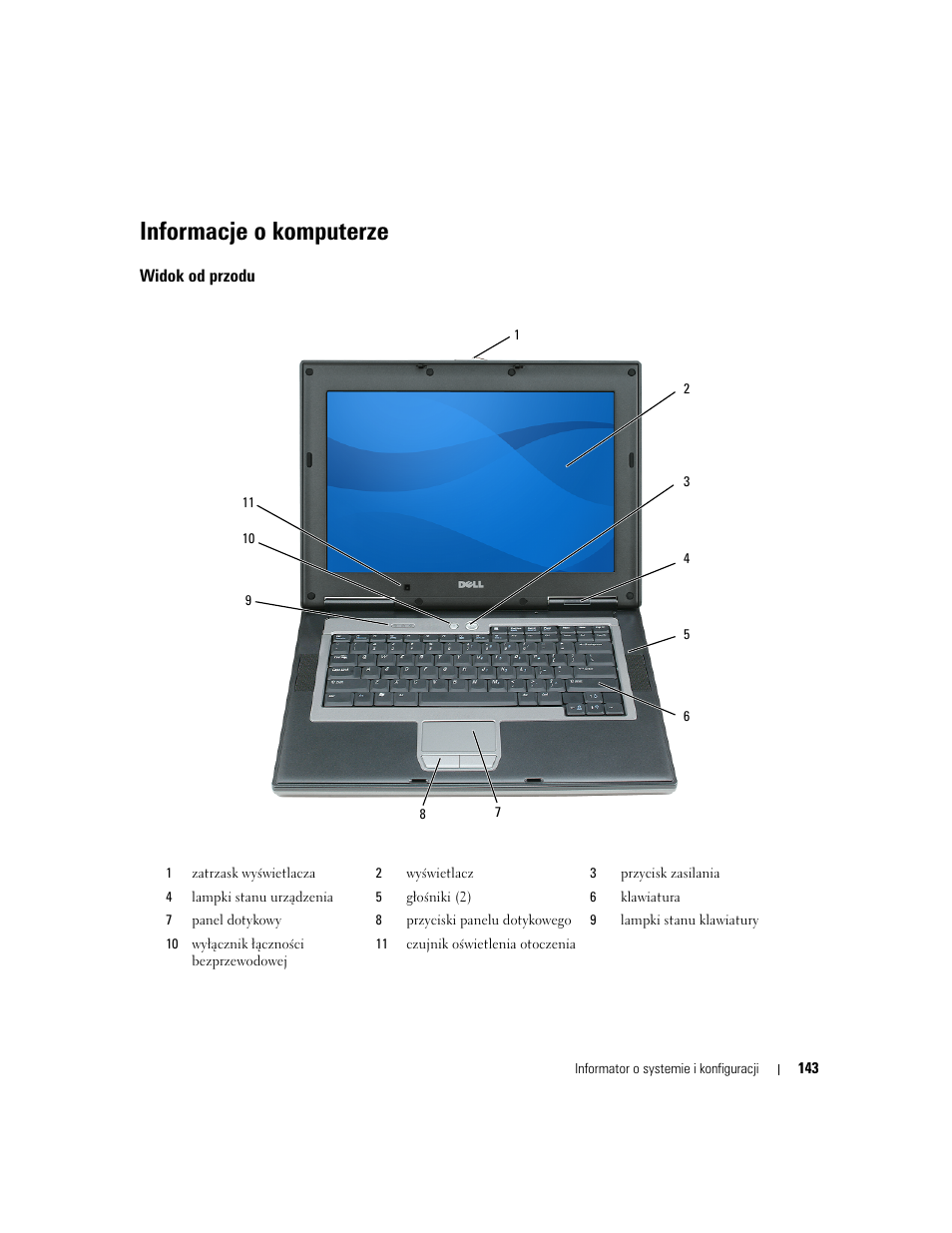Informacje o komputerze, Widok od przodu | Dell Latitude D531 User Manual | Page 143 / 224
