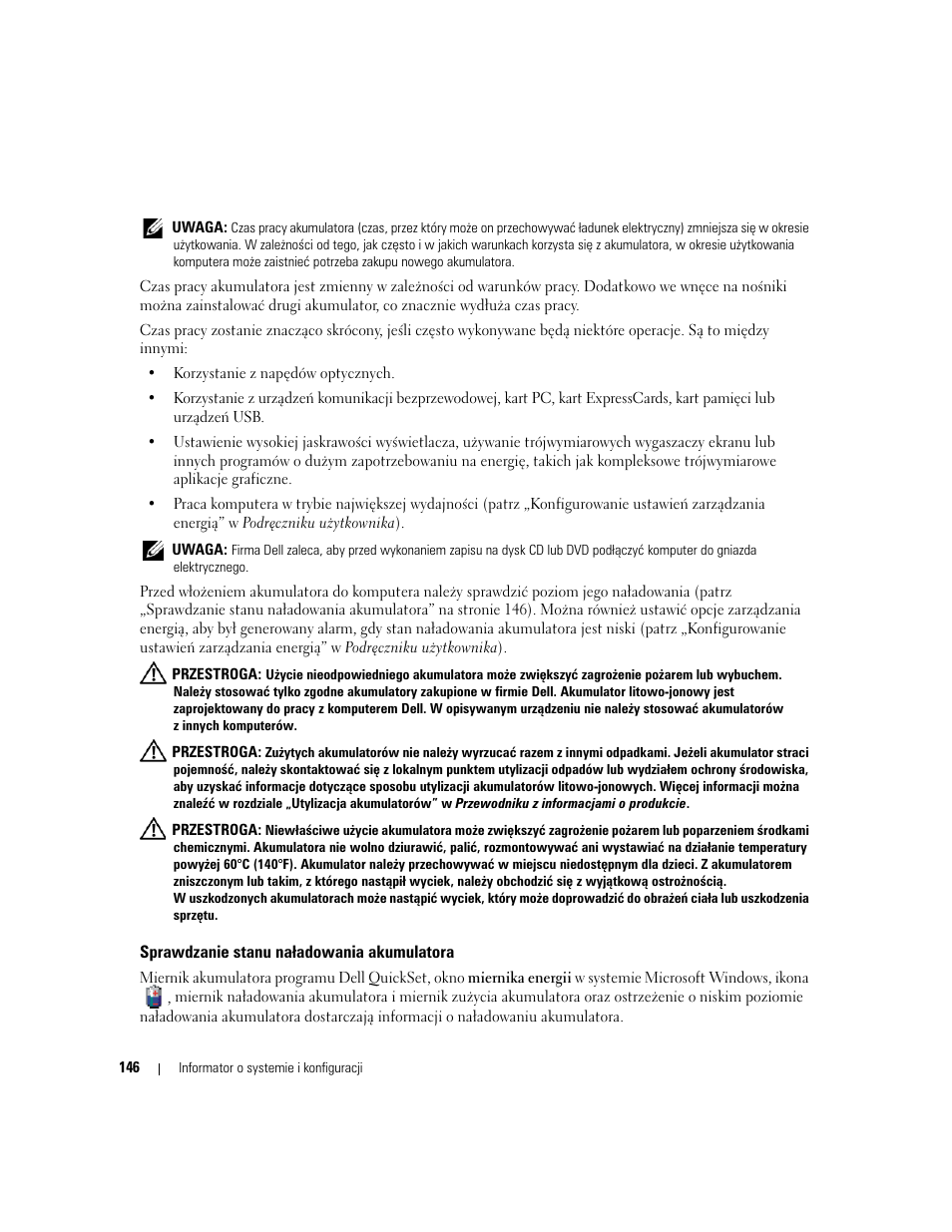 Sprawdzanie stanu naładowania akumulatora | Dell Latitude D531 User Manual | Page 146 / 224