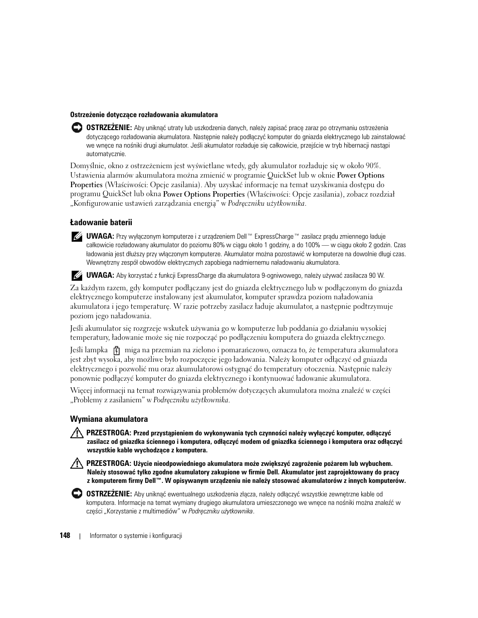 Ładowanie baterii, Wymiana akumulatora | Dell Latitude D531 User Manual | Page 148 / 224