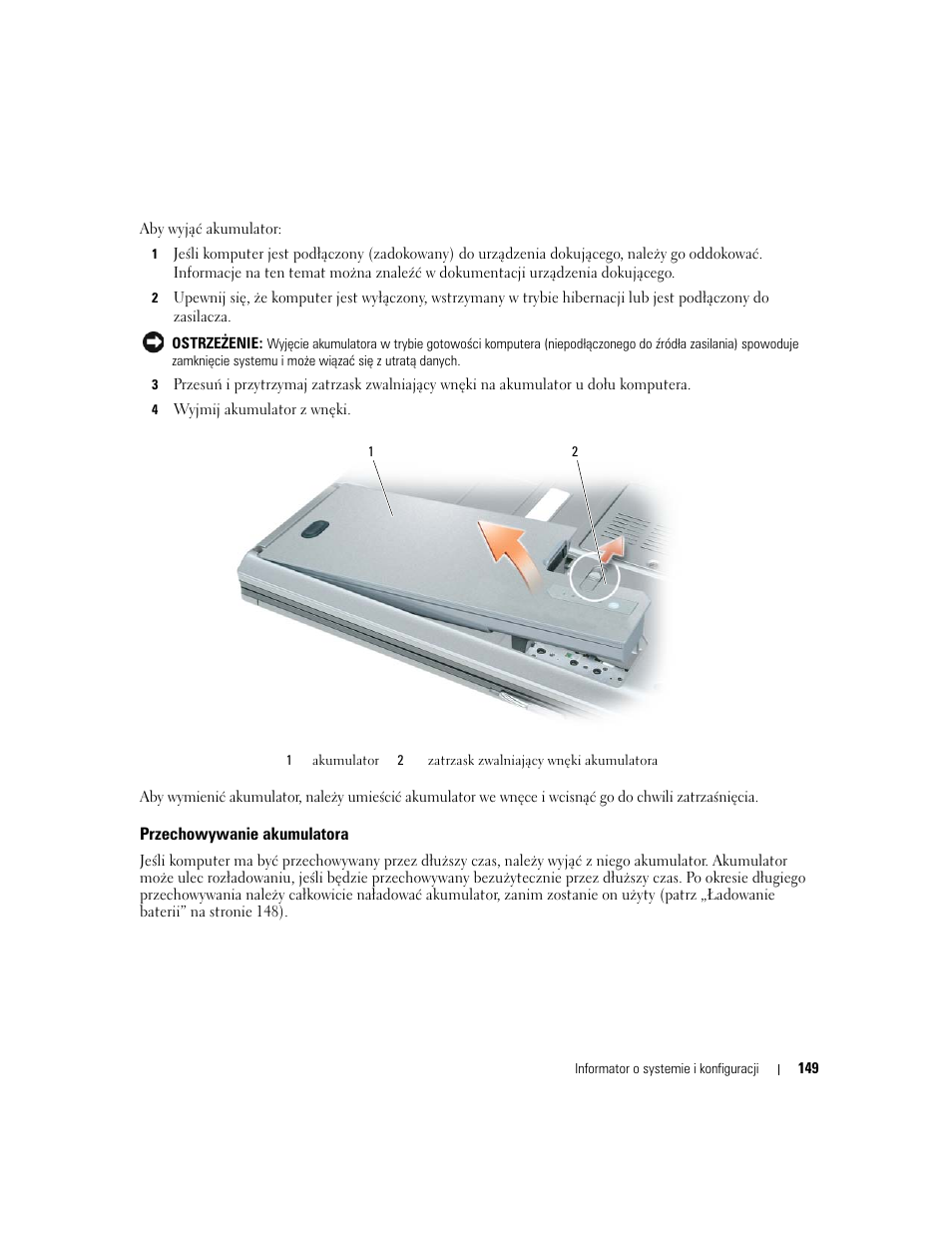 Przechowywanie akumulatora | Dell Latitude D531 User Manual | Page 149 / 224