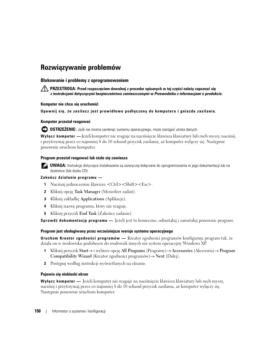 Rozwiązywanie problemów, Blokowanie i problemy z oprogramowaniem | Dell Latitude D531 User Manual | Page 150 / 224