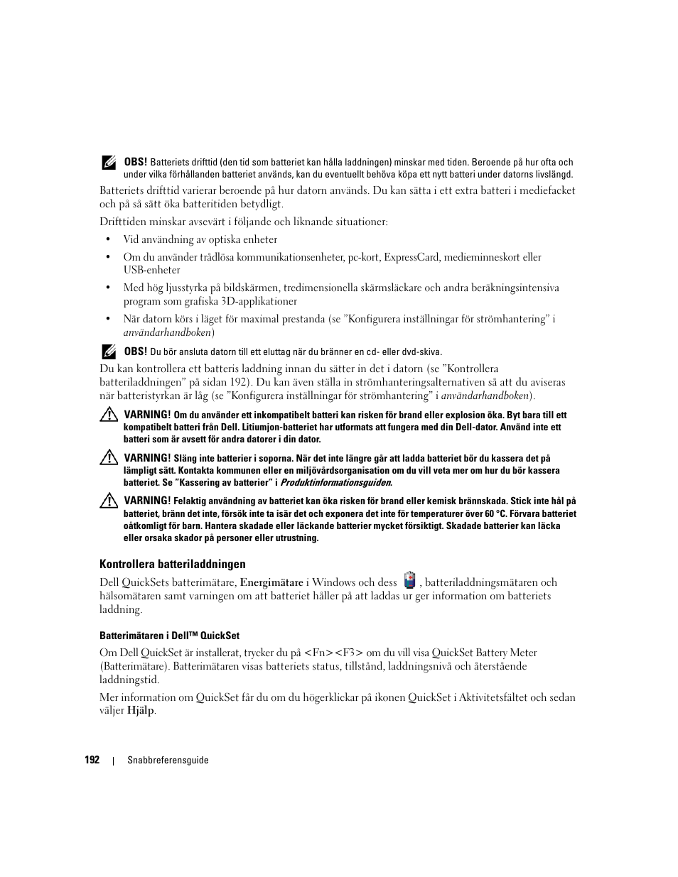 Kontrollera batteriladdningen | Dell Latitude D531 User Manual | Page 192 / 224