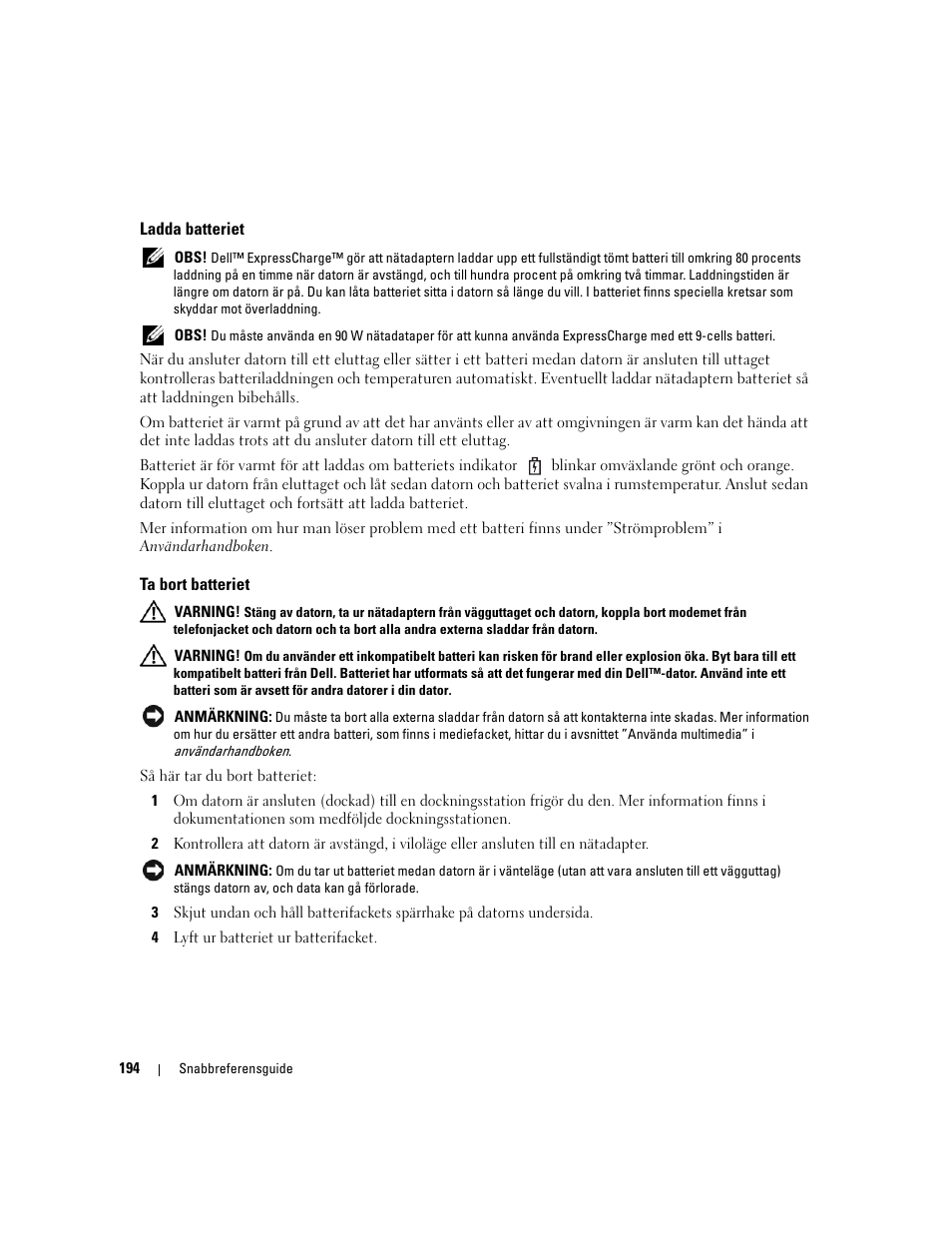 Ladda batteriet, Ta bort batteriet | Dell Latitude D531 User Manual | Page 194 / 224