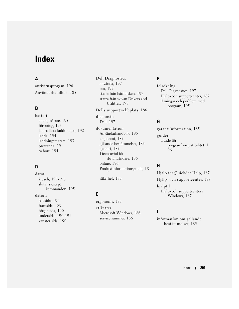 Index | Dell Latitude D531 User Manual | Page 201 / 224