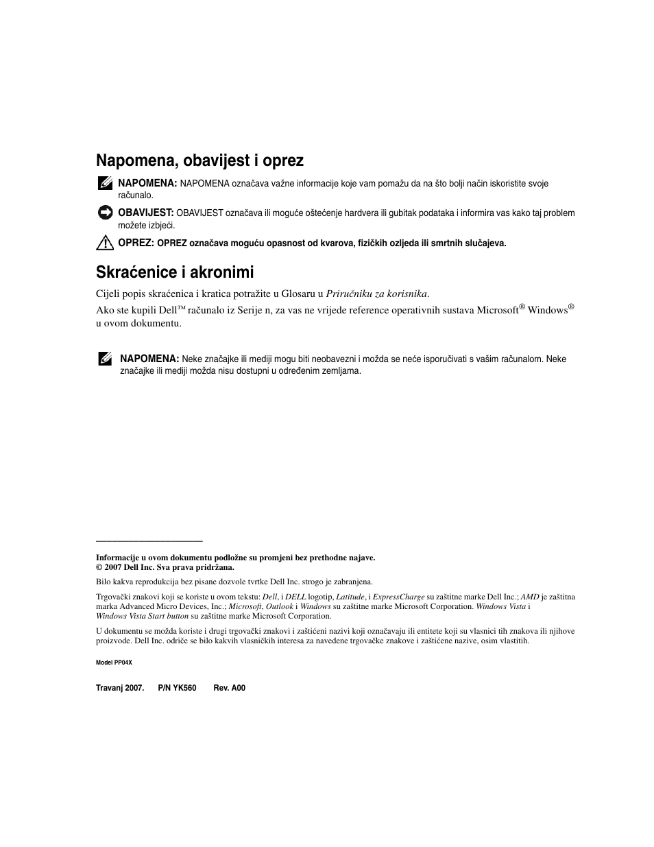 Napomena, obavijest i oprez, Skra ć enice i akronimi | Dell Latitude D531 User Manual | Page 24 / 224