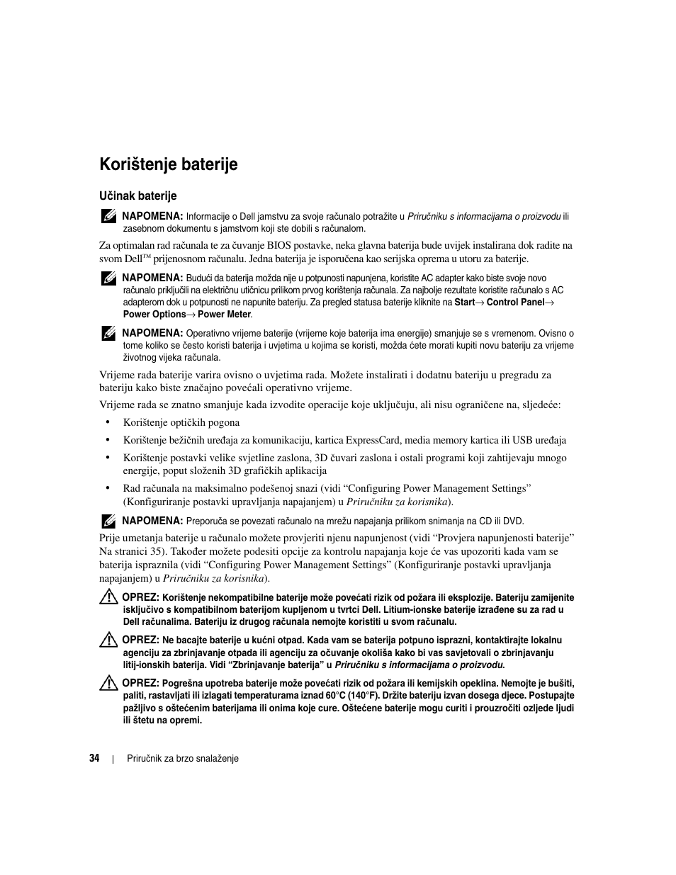 Korištenje baterije, Učinak baterije | Dell Latitude D531 User Manual | Page 34 / 224