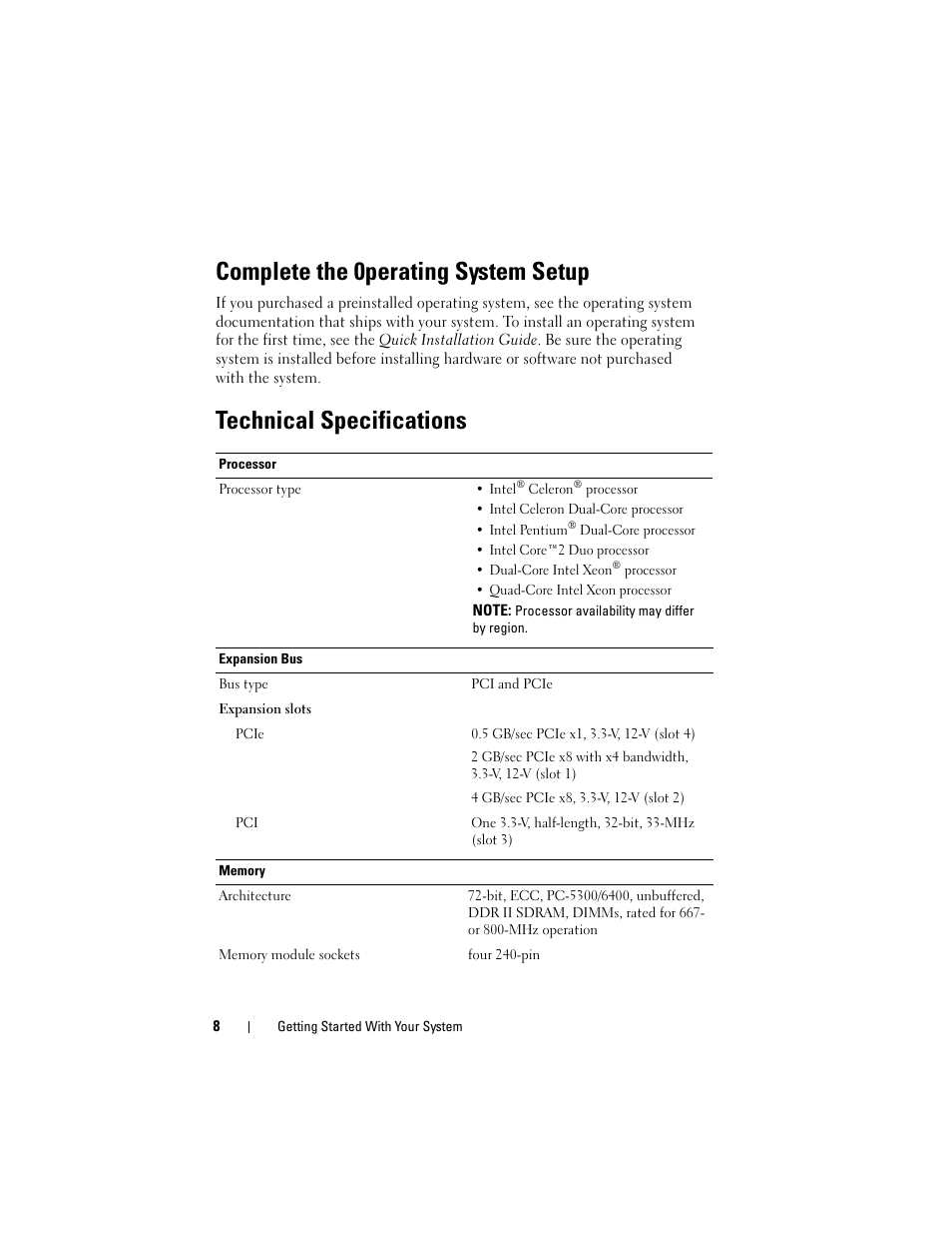 Complete the 0perating system setup, Technical specifications | Dell PowerEdge T100 User Manual | Page 10 / 110