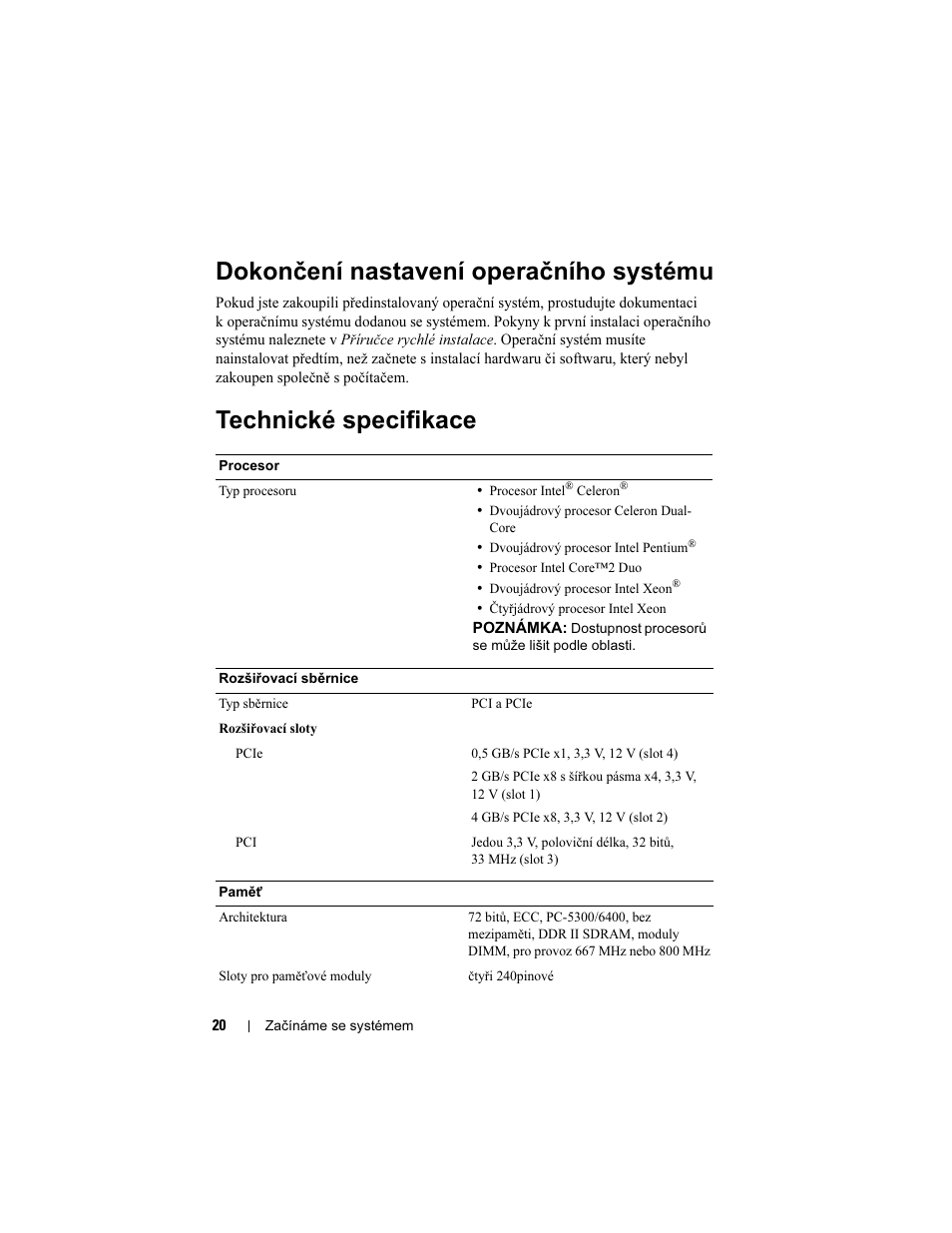 Dokončení nastavení operačního systému, Technické specifikace | Dell PowerEdge T100 User Manual | Page 22 / 110