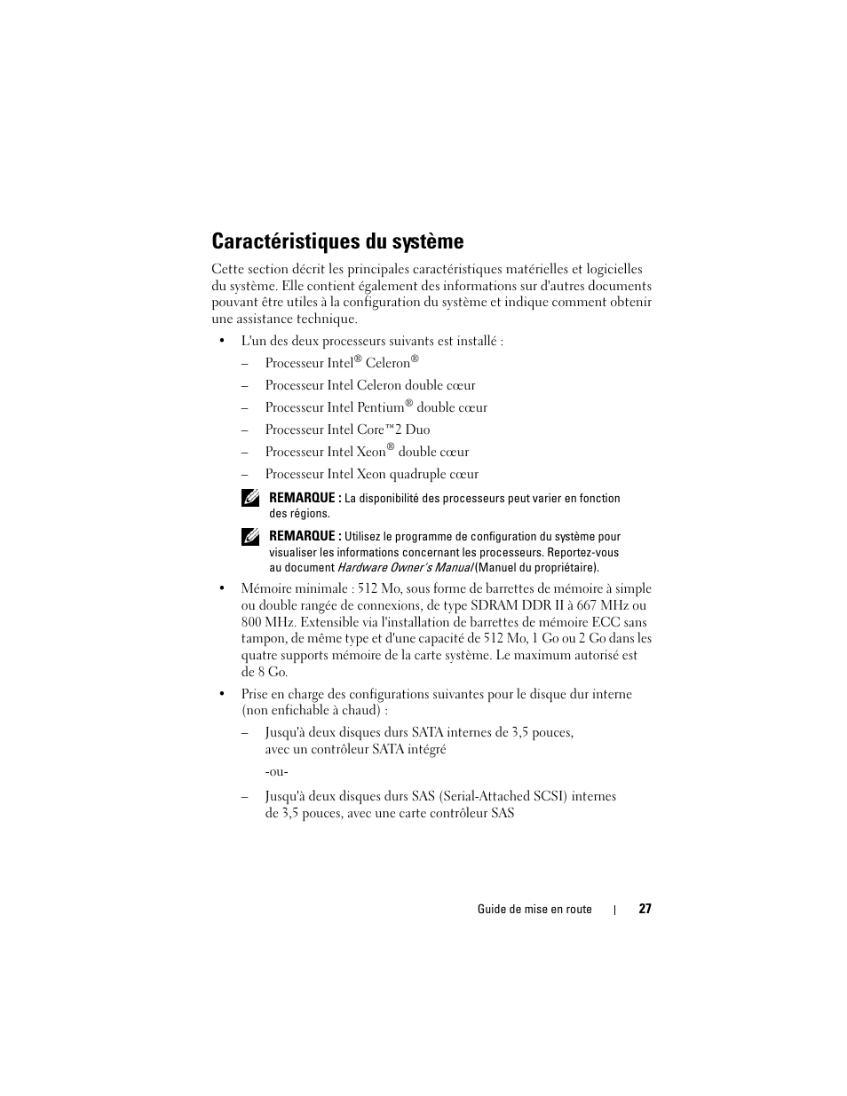 Caractéristiques du système | Dell PowerEdge T100 User Manual | Page 29 / 110