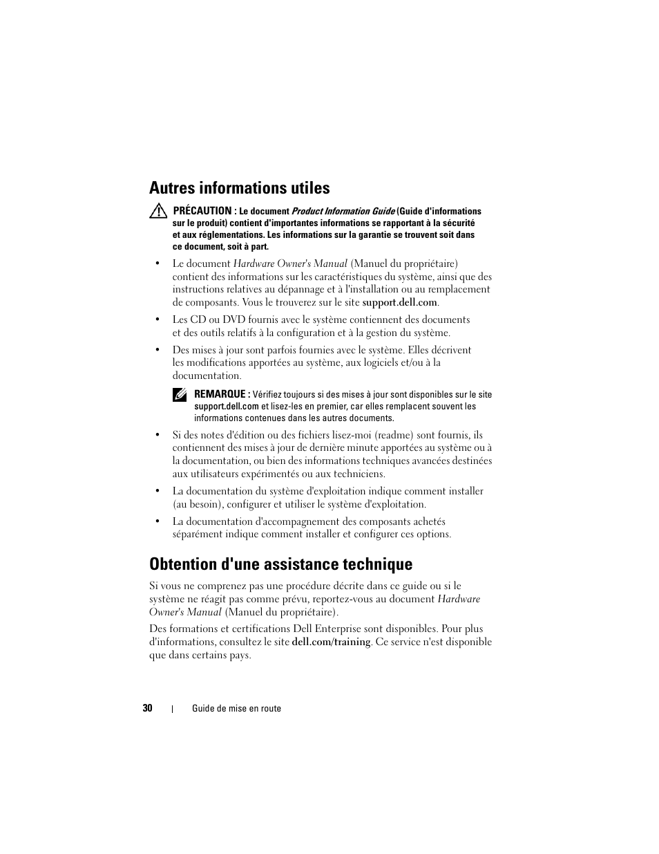 Autres informations utiles, Obtention d'une assistance technique | Dell PowerEdge T100 User Manual | Page 32 / 110