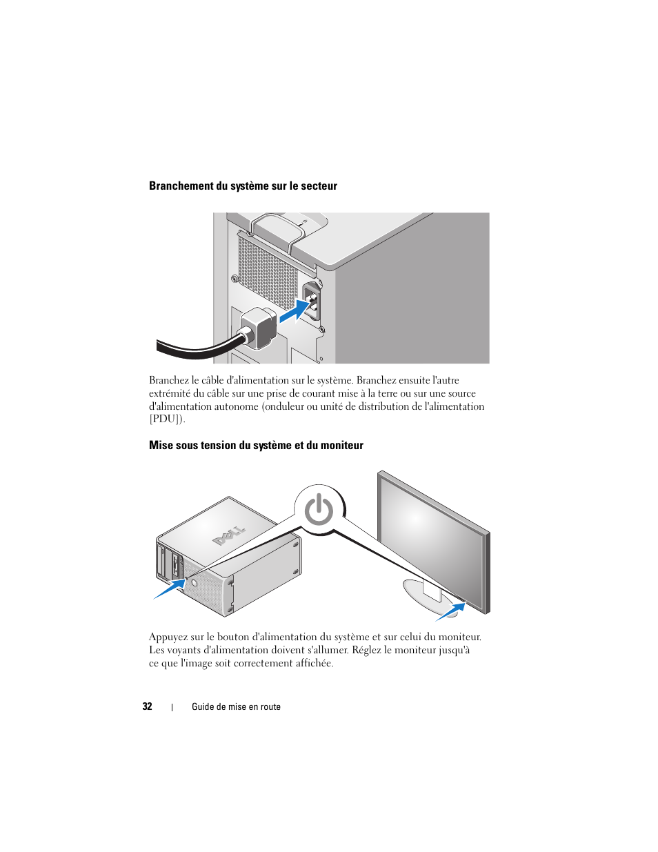 Branchement du système sur le secteur, Mise sous tension du système et du moniteur | Dell PowerEdge T100 User Manual | Page 34 / 110