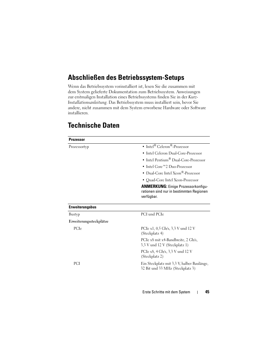 Abschließen des betriebssystem-setups, Technische daten | Dell PowerEdge T100 User Manual | Page 47 / 110