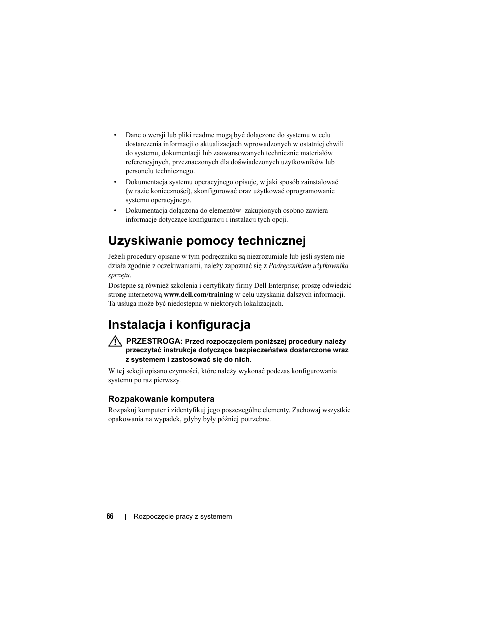 Uzyskiwanie pomocy technicznej, Instalacja i konfiguracja, Rozpakowanie komputera | Dell PowerEdge T100 User Manual | Page 68 / 110