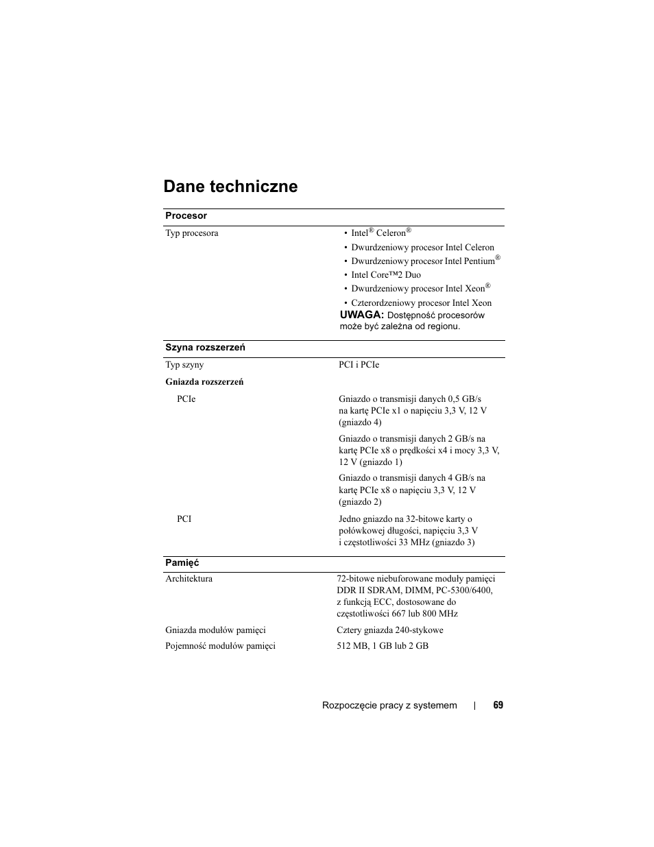 Dane techniczne | Dell PowerEdge T100 User Manual | Page 71 / 110