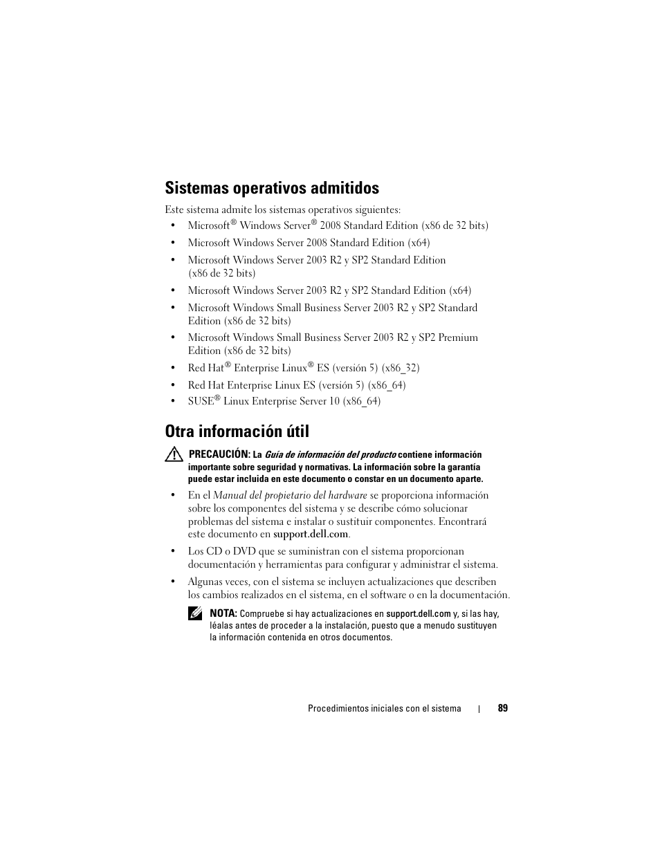 Sistemas operativos admitidos, Otra información útil | Dell PowerEdge T100 User Manual | Page 91 / 110