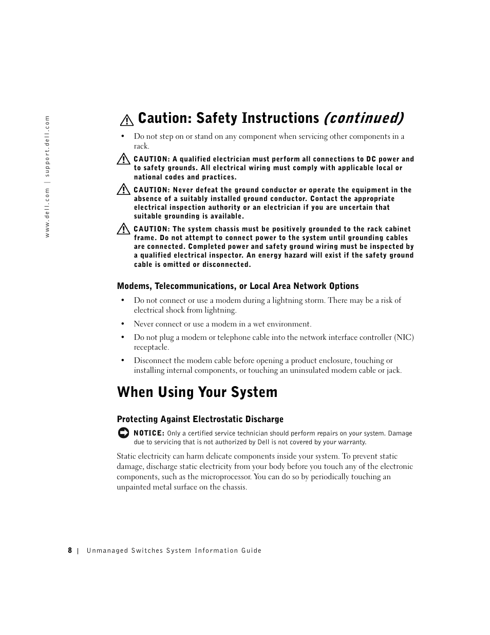 When using your system, Protecting against electrostatic discharge | Dell PowerConnect 2124 User Manual | Page 10 / 146