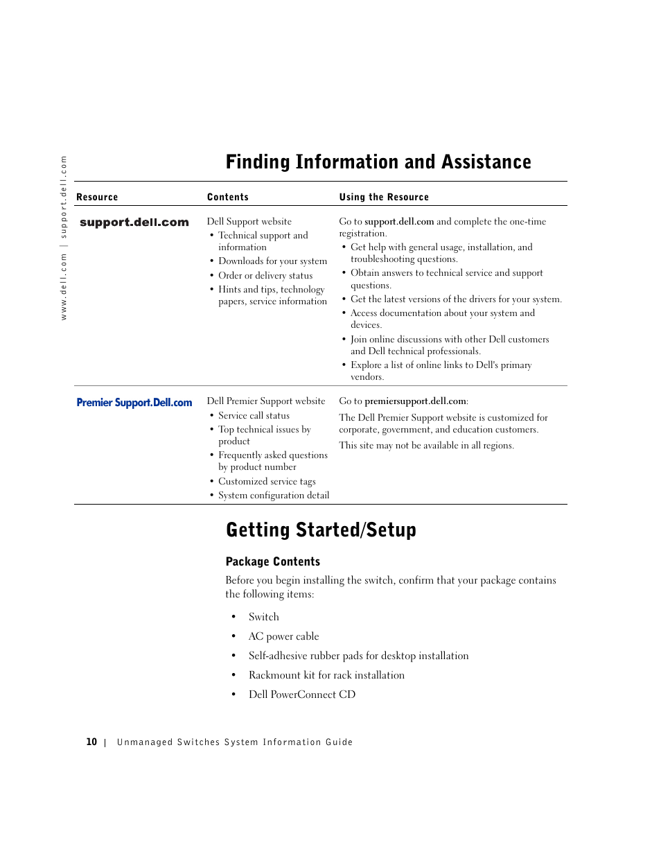 Finding information and assistance, Getting started/setup, Package contents | Dell PowerConnect 2124 User Manual | Page 12 / 146