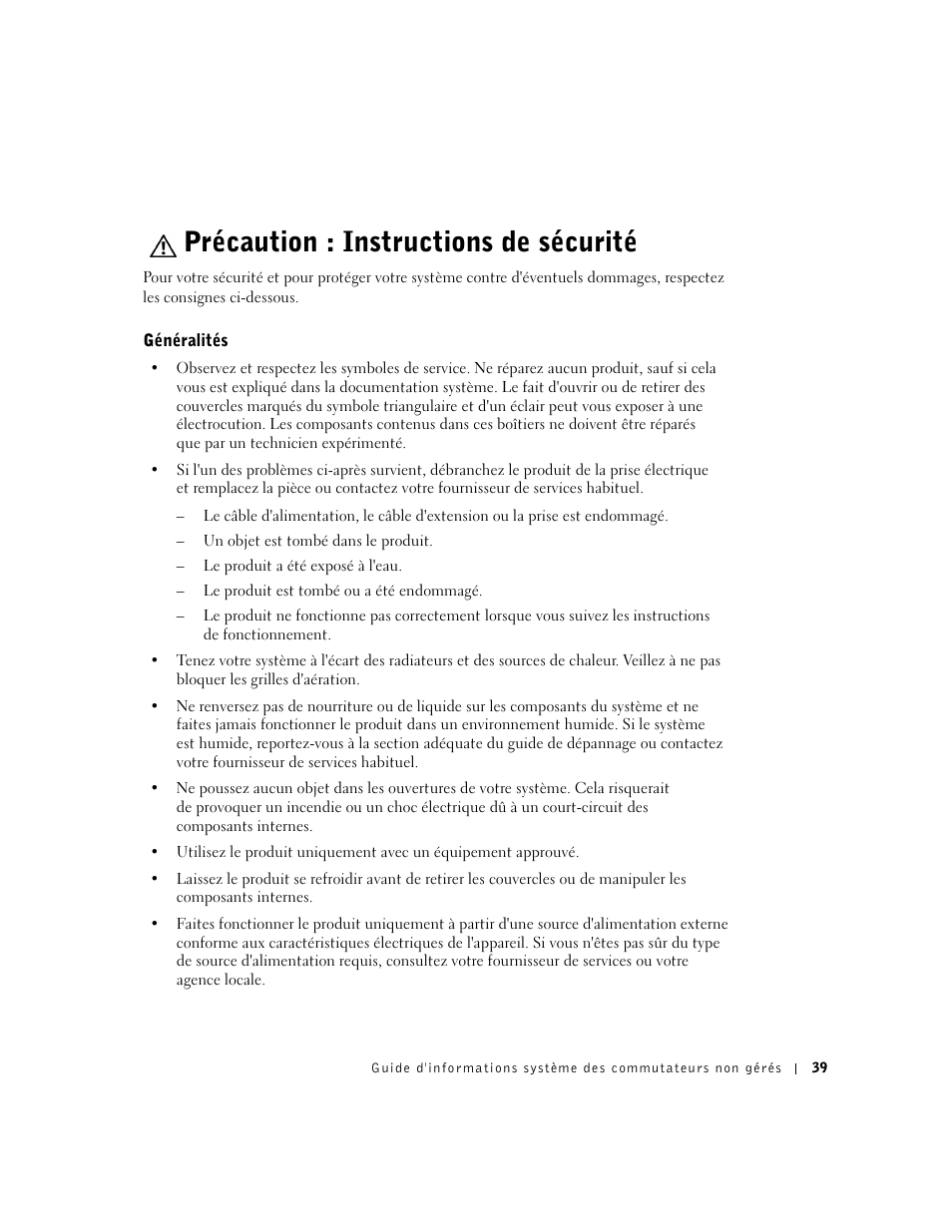 Précaution : instructions de sécurité, Généralités | Dell PowerConnect 2124 User Manual | Page 41 / 146