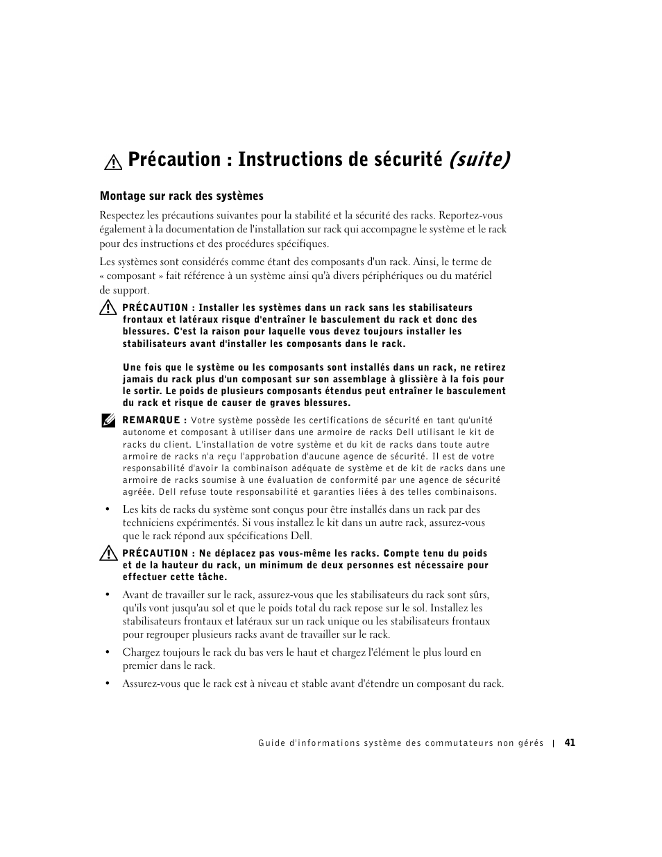 Montage sur rack des systèmes, Précaution : instructions de sécurité (suite) | Dell PowerConnect 2124 User Manual | Page 43 / 146