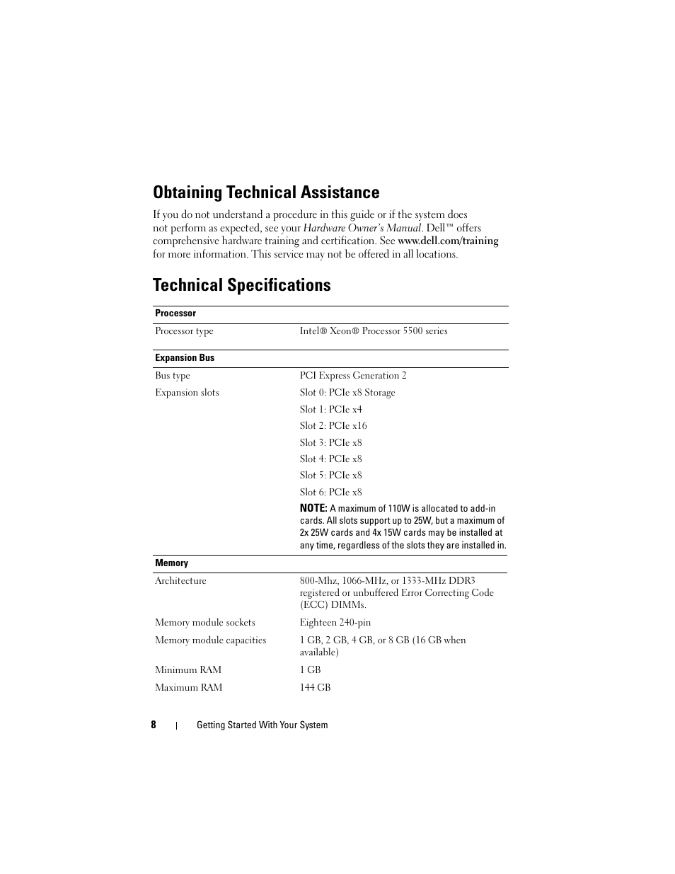 Obtaining technical assistance, Technical specifications | Dell PowerEdge T710 User Manual | Page 10 / 122