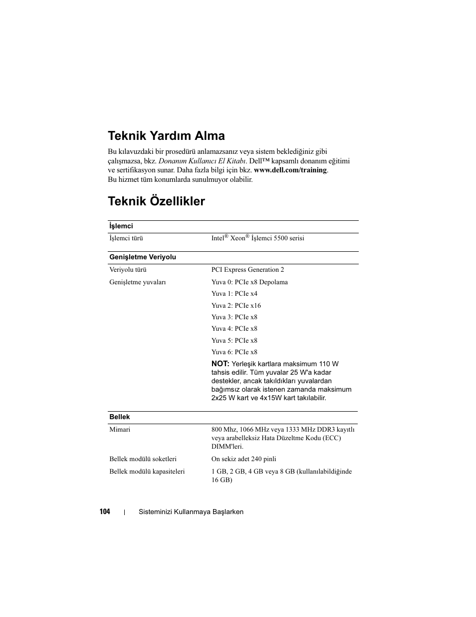 Teknik yardım alma, Teknik özellikler | Dell PowerEdge T710 User Manual | Page 106 / 122