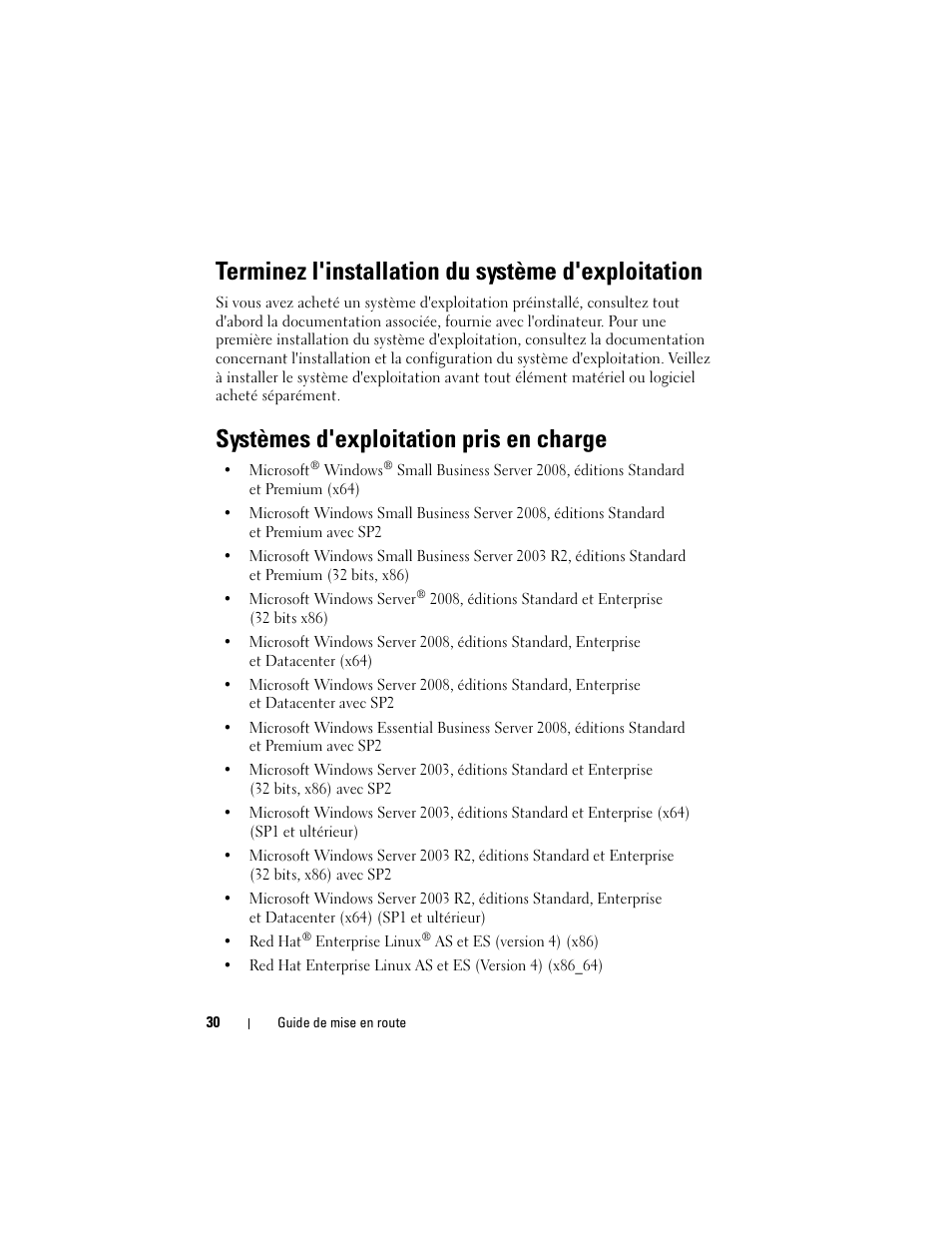 Terminez l'installation du système d'exploitation, Systèmes d'exploitation pris en charge | Dell PowerEdge T710 User Manual | Page 32 / 122