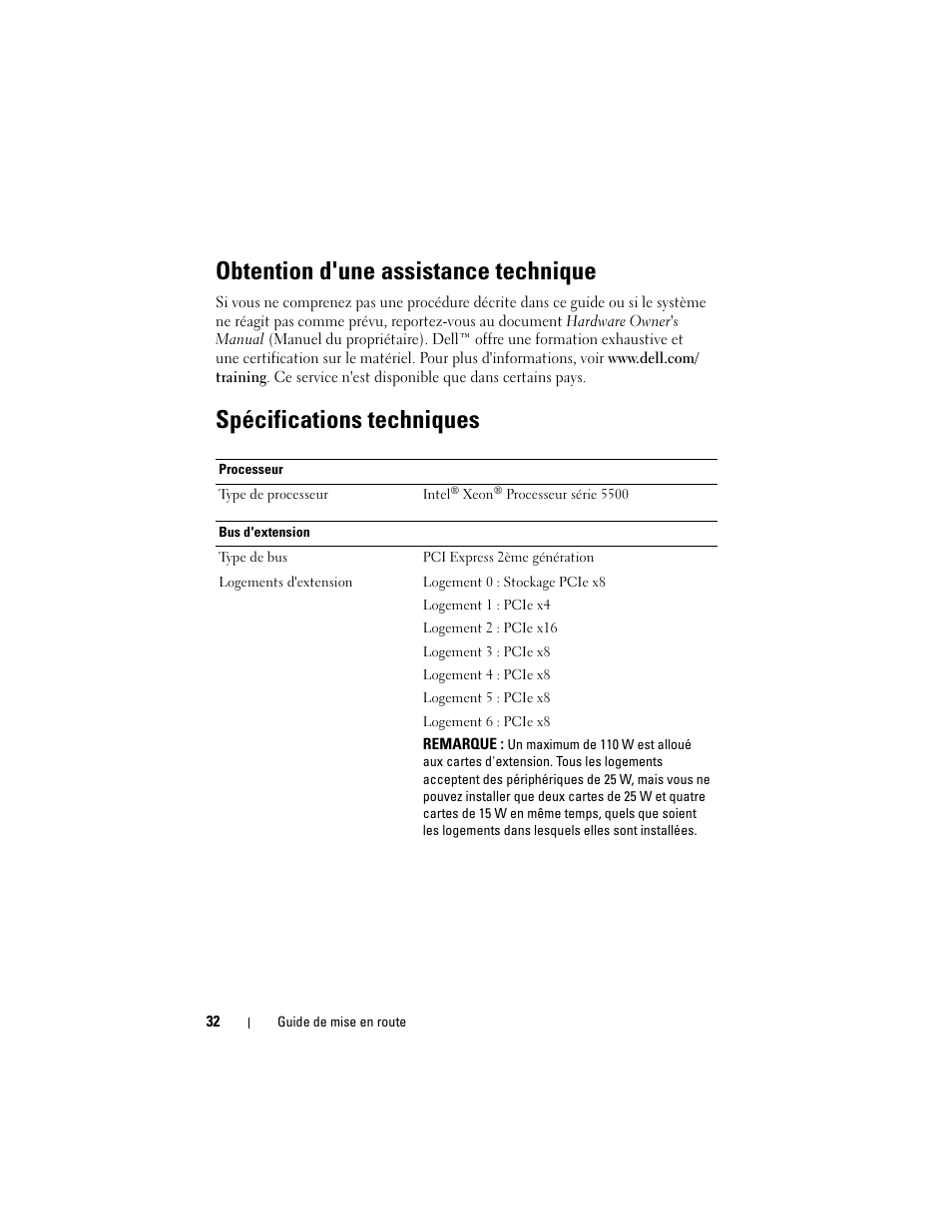 Obtention d'une assistance technique, Spécifications techniques | Dell PowerEdge T710 User Manual | Page 34 / 122