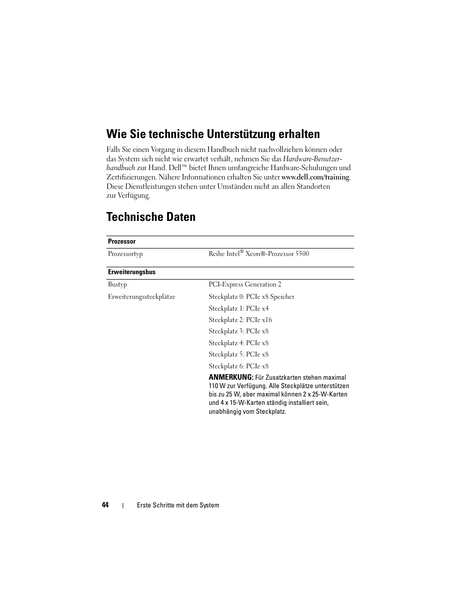 Wie sie technische unterstützung erhalten, Technische daten | Dell PowerEdge T710 User Manual | Page 46 / 122